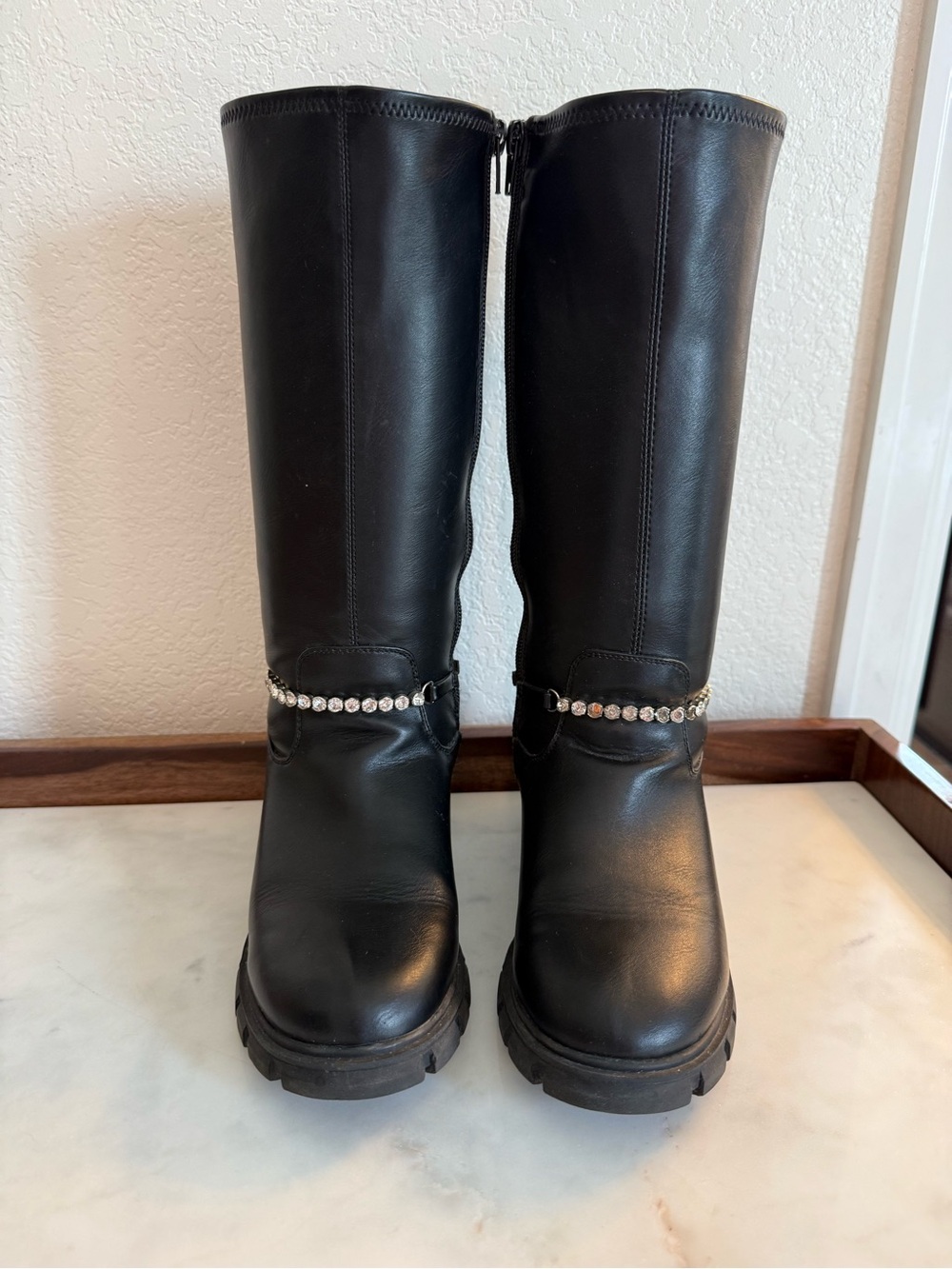 Steve Madden Black Knee-High Boots with Rhinestone Chain Detail